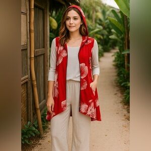 FOR CYNTHIA Linen Red & Cream Floral Hoodie Vest, Hi-lo Top or Swim Coverup Sz:S